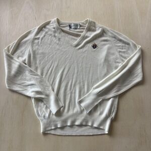 DIFiNi Sweater Mens Large White V Neck Lightweight Tight Knit Pullover Logo